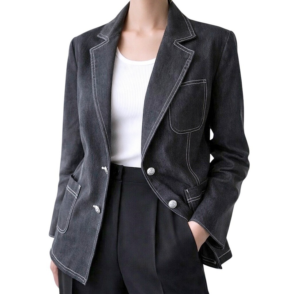VTG‎ 90s Clio II Black Denim Blazer Jacket 16 Made in USA Contrast Stitch Retro